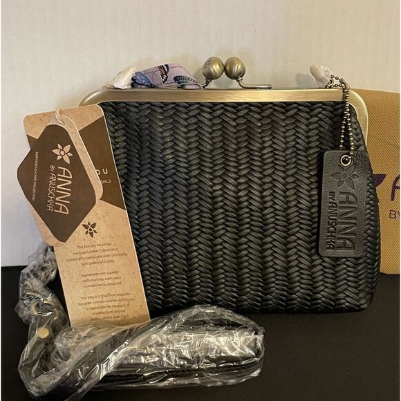 ANUSCHKA Black Woven Genuine Leather Handbag Kiss Lock Clutch Shoulder Bag Purse - Picture 2 of 8